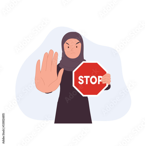 Protest against violence and aggression against women concept. A muslim woman holding STOP sign. Vector illustration