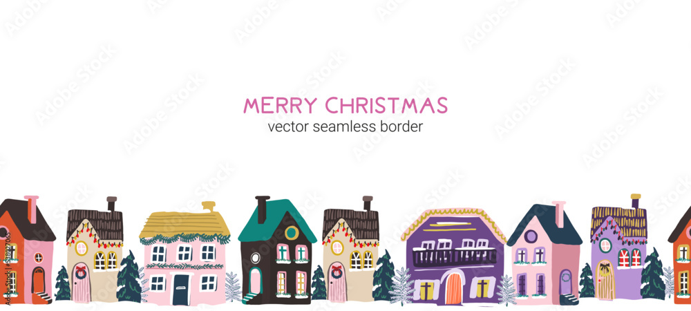 Christmas and Happy New Year seamless border with cartoon houses and trees. Trendy retro style. Vector design template.