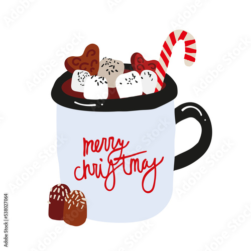 Hot chocolate in blue mug Isolated on white background. Cocoa drink with marshmallows. Vector illustration in cartoon simple flat style.