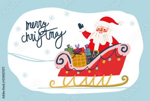Santa Claus riding reindeer sleigh Merry Christmas vector illustration. Greeting card poster, banner.