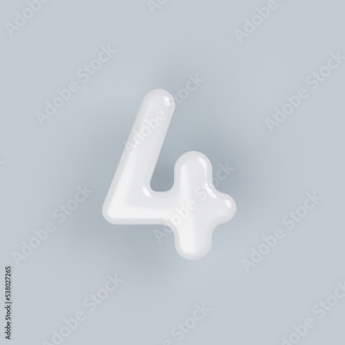 3D White plastic number 4 with a glossy surface on a gray background.