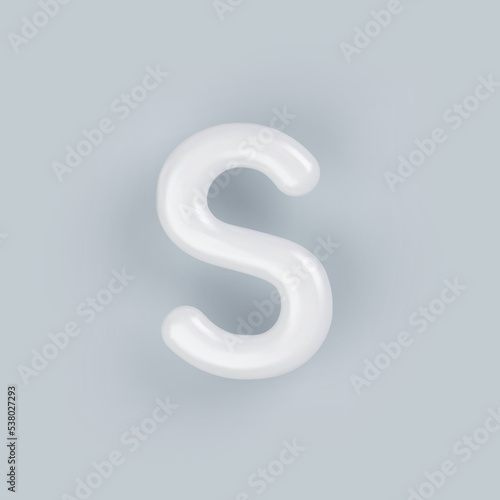 3D White plastic uppercase letter S with a glossy surface on a gray background.
