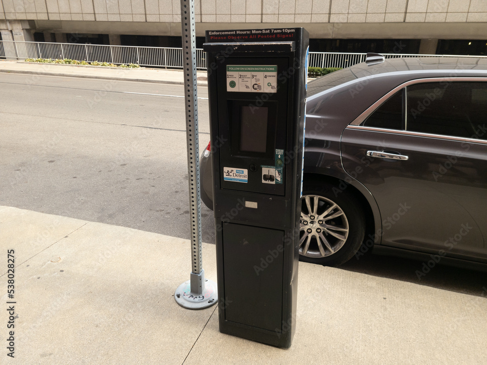 Paid parking station meter in Downtown Detroit, Michigan, Paid parking station meter in Downtown Detroit, Michigan,