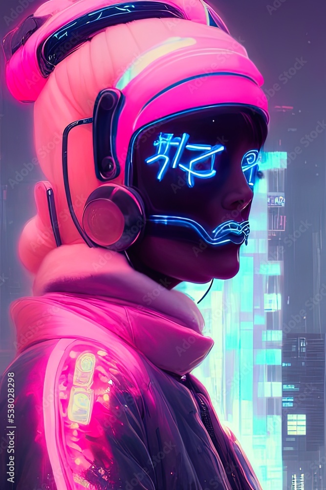 Cute girl face avatar illustration in cyberpunk style Stock ...