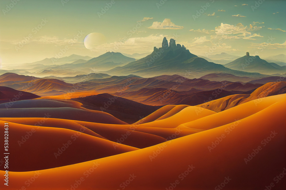 Background of a desert landscape with a planet with rings in the sky and two small satellites. Sci-fi environment. 3D Rendering