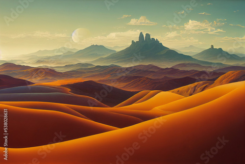 Background of a desert landscape with a planet with rings in the sky and two small satellites. Sci-fi environment. 3D Rendering