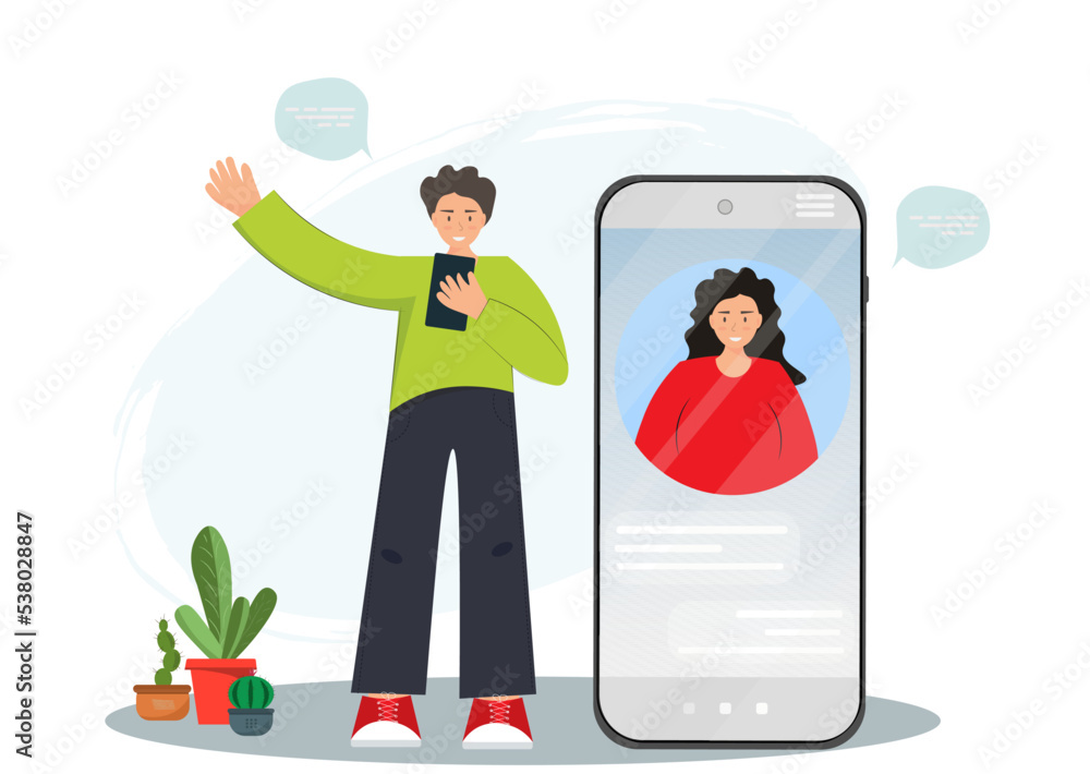 Young woman and man using mobile app for messaging each other, chatting online in messenger app concept, online dating concept, flat vector illustration Young woman and man using mobile app for messaging each other, chatting online in messenger app concept, online dating concept, flat vector illustration
