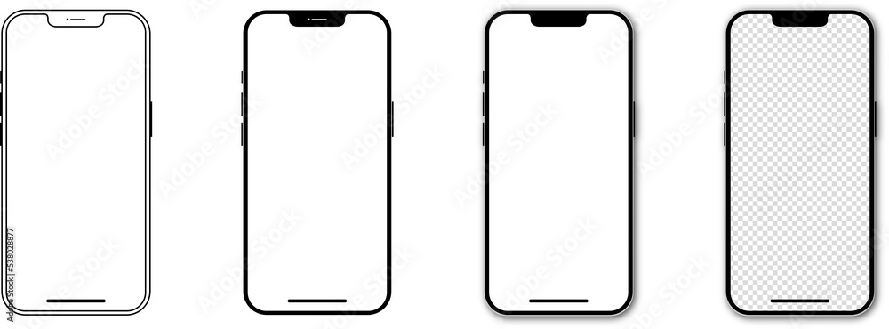 Set of realistic models smartphone with transparent screens. Smartphone mockup collection. Phone mockup in front. Mobile phone with shadow. Realistic, flat and line style. PNG image - obrazy, fototapety, plakaty 
