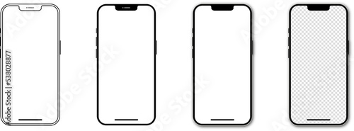 Set of realistic models smartphone with transparent screens. Smartphone mockup collection. Phone mockup in front. Mobile phone with shadow. Realistic, flat and line style. PNG image