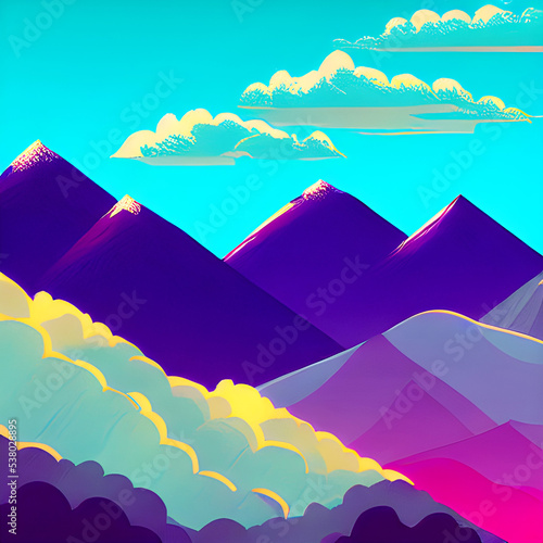 violet landscape with twin mountains and clouds