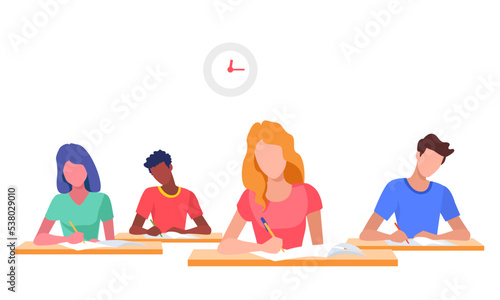 Students sitting at their desks are solving exam questions. school kids cartoon style vector illustration.