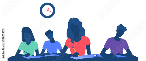 Vector illustration of student silhouettes solving questions in exam. Group of students taking notes in class.