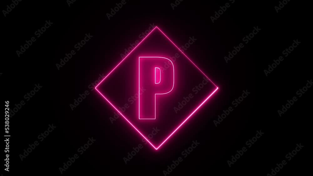 Neon effect on letter p with a squire stroke shape, neon color shape, neon on squire shape 4k animation video