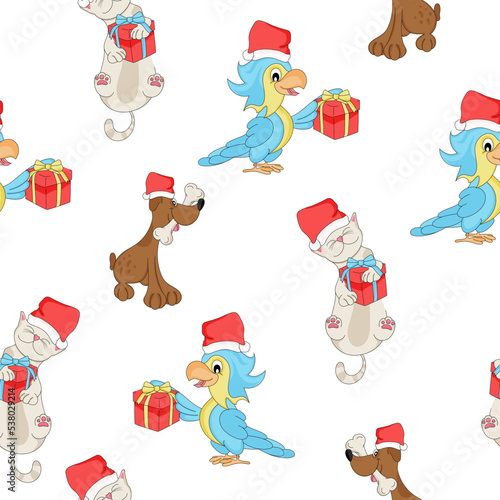 Christmas seamless pattern with animals. Cat, parrot and dog with gift and Santa Claus hat. Prints, packaging template, wrapping paper, textile, bedding and wallpaper.