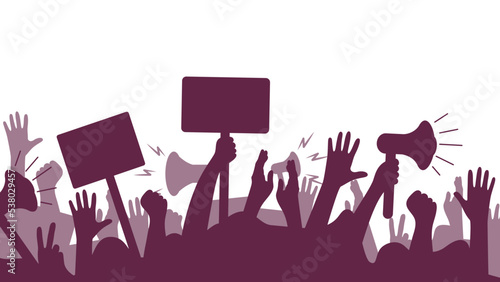 human hands in the crowd silhouettes with protest banners and megafon