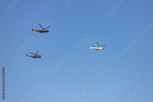 Helicopter. Airplane. Military vehicle. Spanish Air Force on the day of the National Holiday of October 12 flying over the streets of the city of Madrid. MADRID  SPAIN - OCTOBER 12  2023