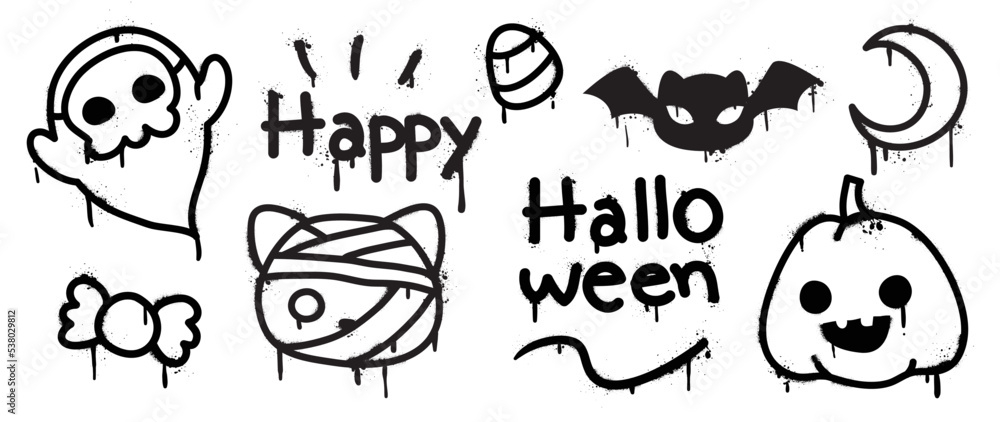 Fototapeta premium Set of graffiti spray pattern. Collection of halloween symbols, quote, bat, ghost, pumpkin, candy with spray texture. Elements on white background for banner, decoration, street art, halloween.