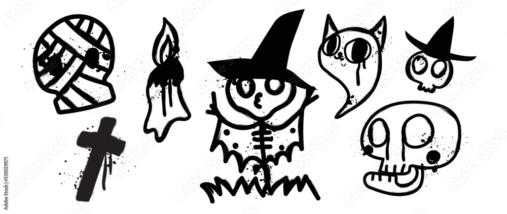 Set of graffiti spray pattern. Collection of halloween symbols, skull, mummy, candle, cat, ghost with spray texture. Elements on white background for banner, decoration, street art, halloween. Set of graffiti spray pattern. Collection of halloween symbols, skull, mummy, candle, cat, ghost with spray texture. Elements on white background for banner, decoration, street art, halloween.
