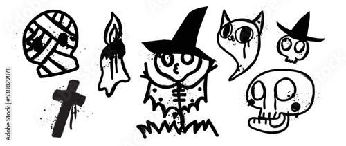 Set of graffiti spray pattern. Collection of halloween symbols, skull, mummy, candle, cat, ghost with spray texture. Elements on white background for banner, decoration, street art, halloween.