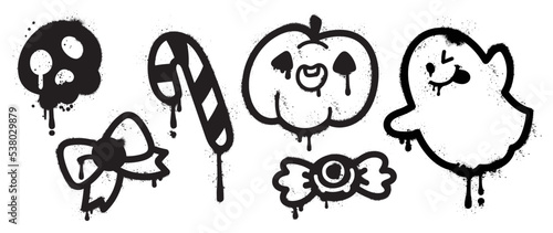 Set of graffiti spray pattern. Collection of halloween symbols, candy , ghost, pumpkin, skull, ribbon with spray texture. Elements on white background for banner, decoration, street art, halloween.