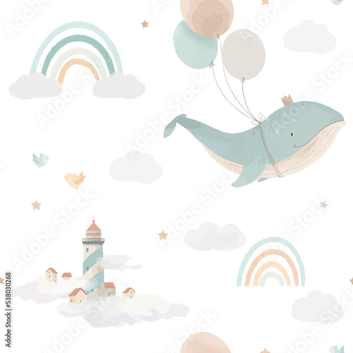 Beautiful vector children seamless pattern contain cute watercolor flying whales with air balloons lighthouses clouds and rainbows. Stock illustration.
