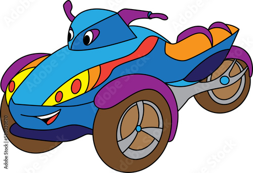 Cartoon tricycle for boys. Small funny cute vehicle with eyes and mouth, funny smile auto icon.  Children color illustration. Comic character for kids
