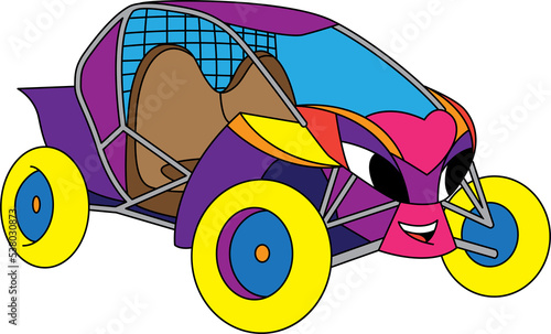 Cartoon buggy car for boys. Small funny cute vehicle with eyes and mouth, funny smile auto icon.  Children color illustration. Comic character for kids