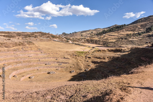 Views of the Sacred Valley of the Incas from the Moray archaeological site. Cusco, Peru