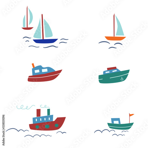 Marine transport vector set isolated on white background, decorative flat sign, Cruise boat, yacht, speedboat transportation for ocean water, cartoon sea colorful symbol for travel design, map