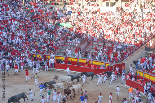Pamplona, Spain - 10 July, 2022: Crowds gather in the Plaza de Toros for the Annual running of the Bulls, San Fermin Festival