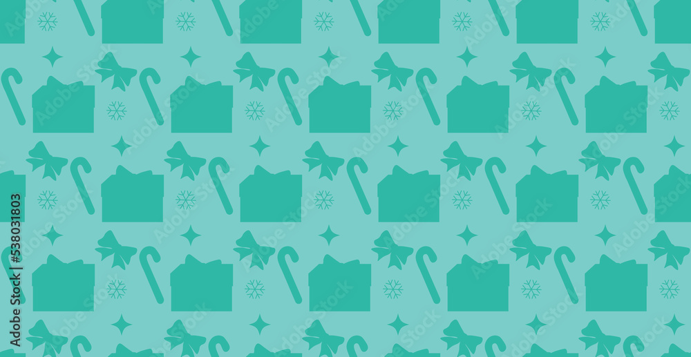 Pattern with gifts, candy cane, stars, bows and snowflakes Pattern with gifts, candy cane, stars, bows and snowflakes