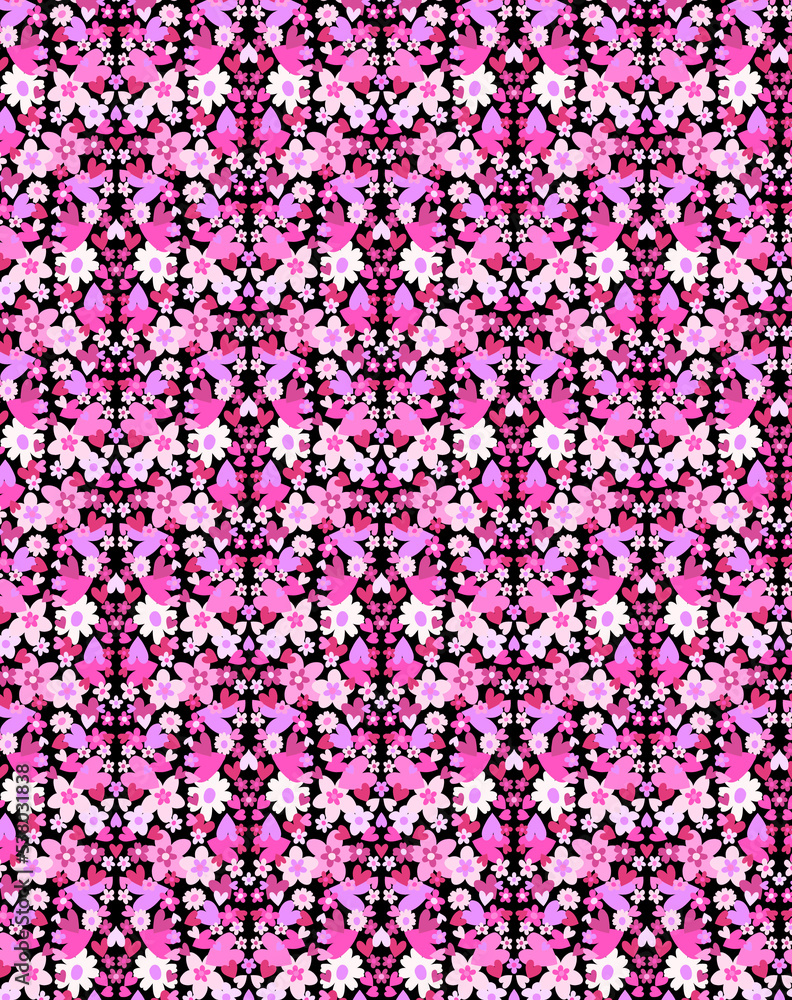 Cute white, pink flowers and pink, lilac hearts isolated on black background Cute white, pink flowers and pink, lilac hearts isolated on black background