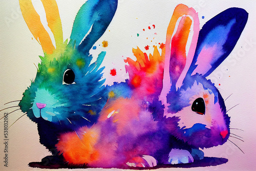 Cute bunnies, rabbit. Watercolor illustration Easter symbol Chinese new year