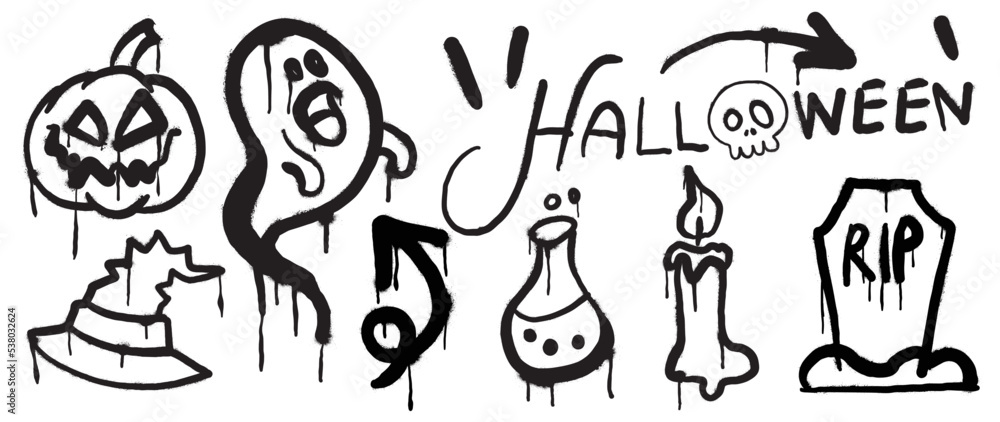 Set of graffiti spray pattern. Collection of halloween symbols, gravestone, pumpkin, hat, skull, ghost with spray texture. Elements on white background for banner, decoration, street art, halloween. Set of graffiti spray pattern. Collection of halloween symbols, gravestone, pumpkin, hat, skull, ghost with spray texture. Elements on white background for banner, decoration, street art, halloween.