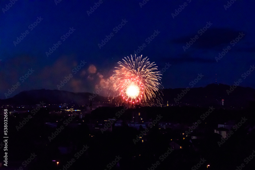 Beautiful fireworks over Bern city in Switzerland Beautiful fireworks over Bern city in Switzerland