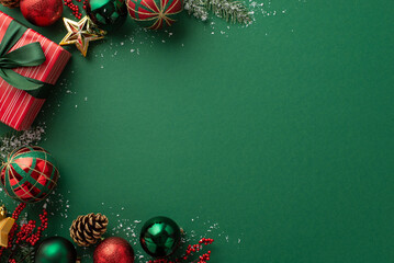 Christmas Day concept. Top view photo of big present box green red baubles gold star ornament pine cone mistletoe berries snow and fir branches on isolated green background with empty space