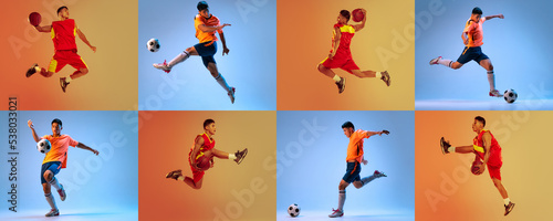 Collage. Young sportive man playing, training basketball and football isolated over orange and blue background in neon light