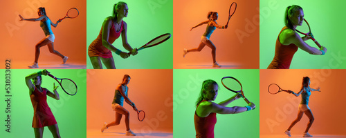 Collage. Sportive woman, professional tennis player in action, training isolated over orange studio background in neon light. © Lustre