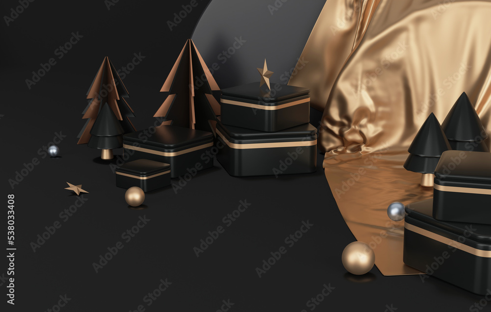 Square base covered with gold silk and golden balls and red circle with tree for Christmas and New Year abstract black background