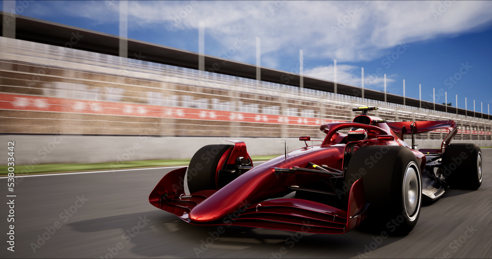 High Speed Sports Red Car Drive Racing Along the Track to the Finish Line. Dynamic Front View Camera. Speed and Sport Concept. 3D Rendering