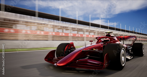 High Speed Sports Red Car Drive Racing Along the Track to the Finish Line. Dynamic Front View Camera. Speed and Sport Concept. 3D Rendering