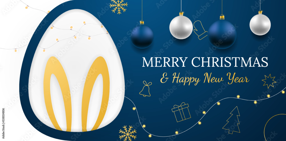 Naklejka premium Merry Christmas and Happy New Year vector banner. Rabbit Chinese new year. Realistic rose gold and blue baubles, snowflakes hanging on dark blue background with realistic garland. Gold Christmas icon