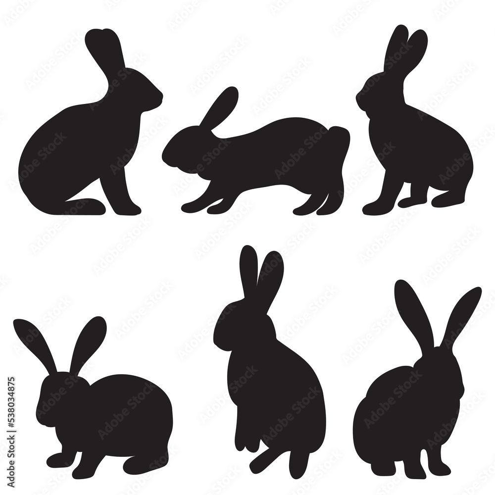 rabbits, hares silhouette set isolated vector