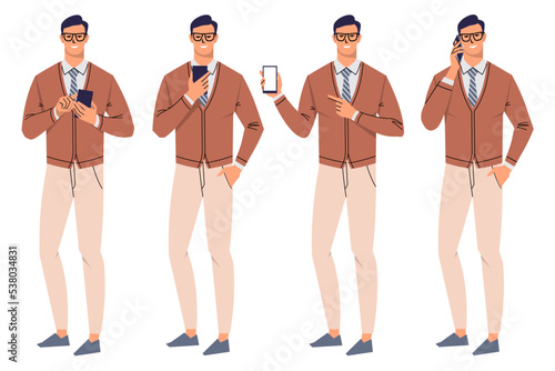 Business man with mobile phone standing in different poses. A man in glasses and a tie isolated on a white background. An office worker calls, shows the phone screen, uses the phone. Flat vector.