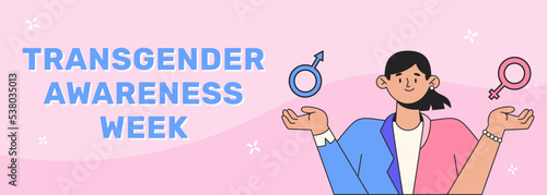 Transgender awareness week banner. Gender transition. Person half woman and half man. Vector illustration in flat style. Concept of gender identity and transgenderness.