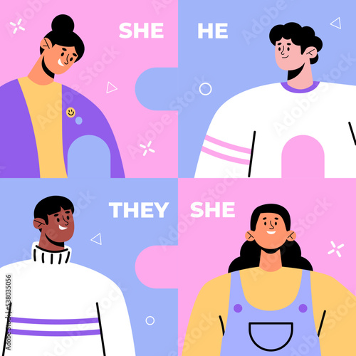 Diverse group of transgender people, different gender. Gay parade, pride month or parade banner, poster. Human rights and equality. Flat vector illustration. Gender pronouns, he, she, they.