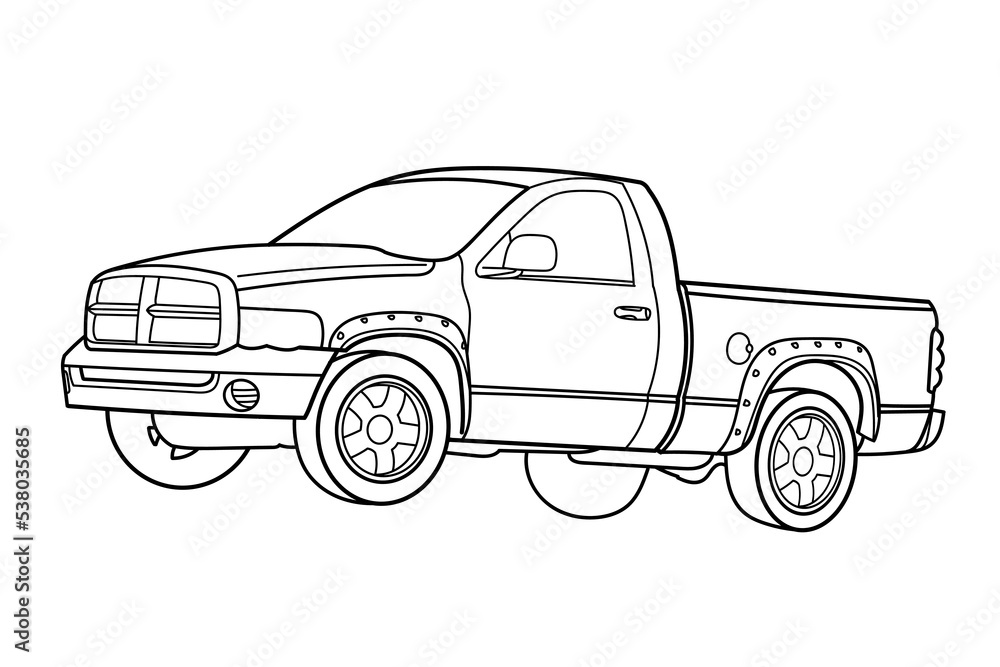 Pick-up truck 3d view. Vector doodle illustration