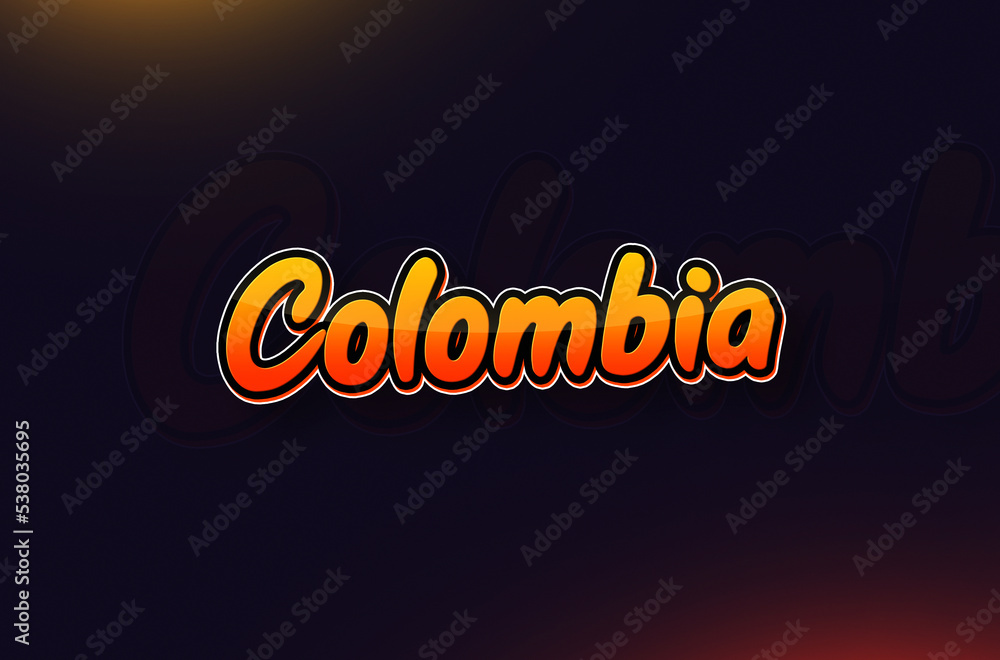Country Name Colombia Written on Dark Background: Design Illustration in Creative Hand drawn style with Yellow and Orange Gradient. Used for welcoming, touring, or independence day celebration