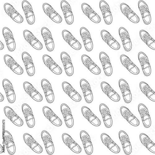 Trendy pattern with fashion classic hand drawn sneakers shoes on a white background, front view. The concept of minimalism, beauty and fashion. Vector outline doodle illustration.
