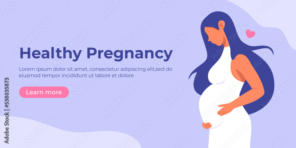 Pregnant woman in dress holds her belly. Happy, healthy pregnancy and motherhood banner, place for text. Happy mother's day poster. Flat cartoon vector illustration. Maternity concept - obrazy, fototapety, plakaty 